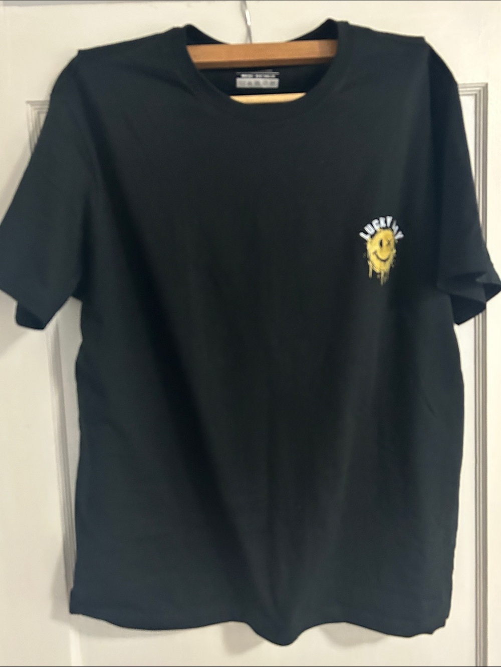NWOT Lucky Brand Black Short Sleeve Tee with Yellow Smiley Graphic